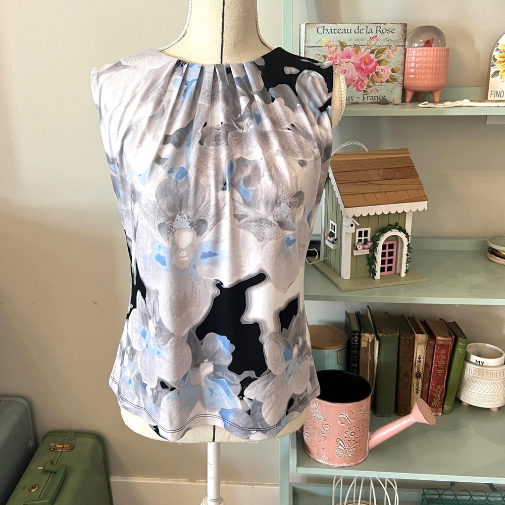Calvin Klein Floral Sleeveless Blouse - Black, Gray, Light Blue